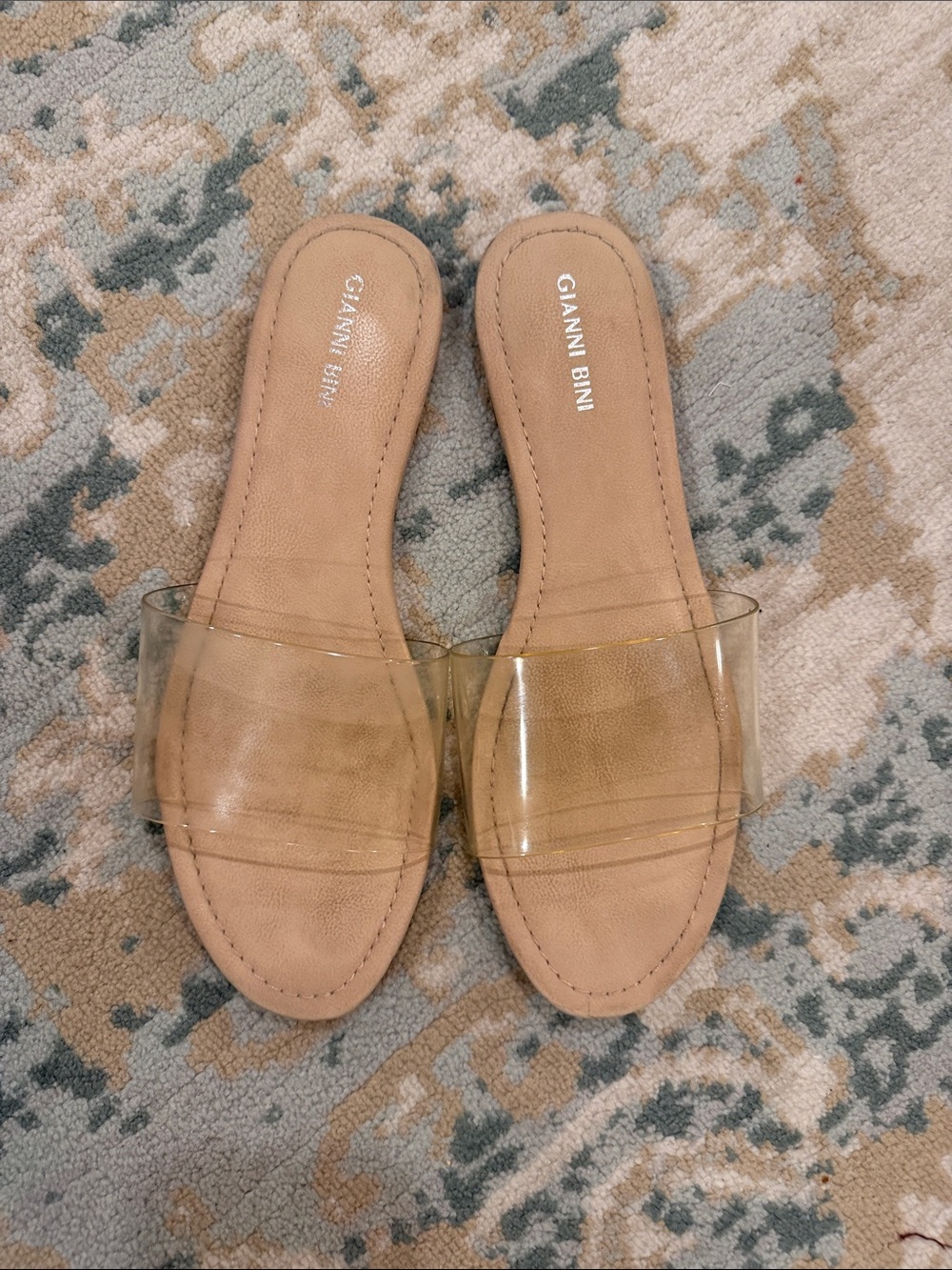 Gianni Bini Clear Strap Slide Sandals in Beige Tan